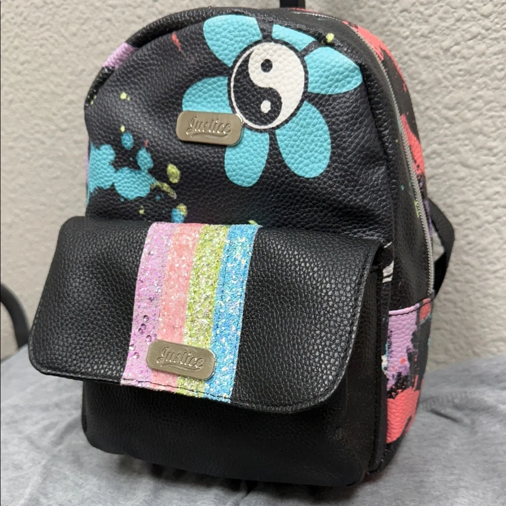 Justice Black Backpack with Multicolor Glitter Stripes